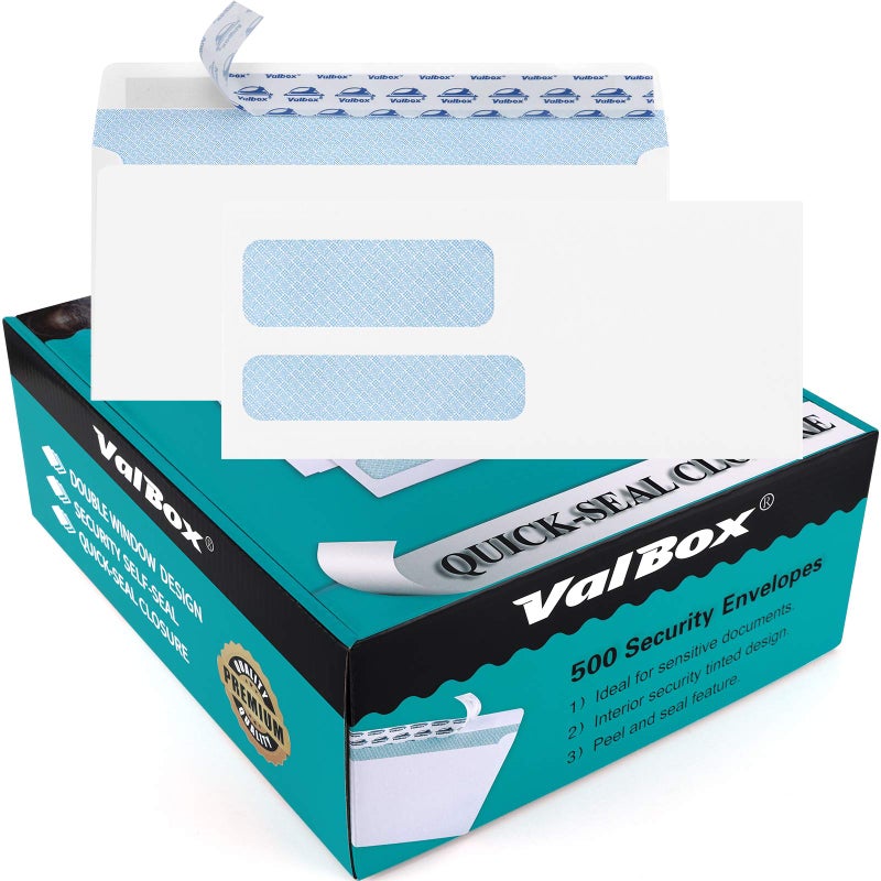 ValBox ظروف أمان ذاتية الإغلاق عدد 500 من فال بوكس #9 3-7/8x8-7/8" مع نافذتين مزدوجتين لفواتير كويك بوكس، البيانات التجارية والمستندات القانونية - Image 1